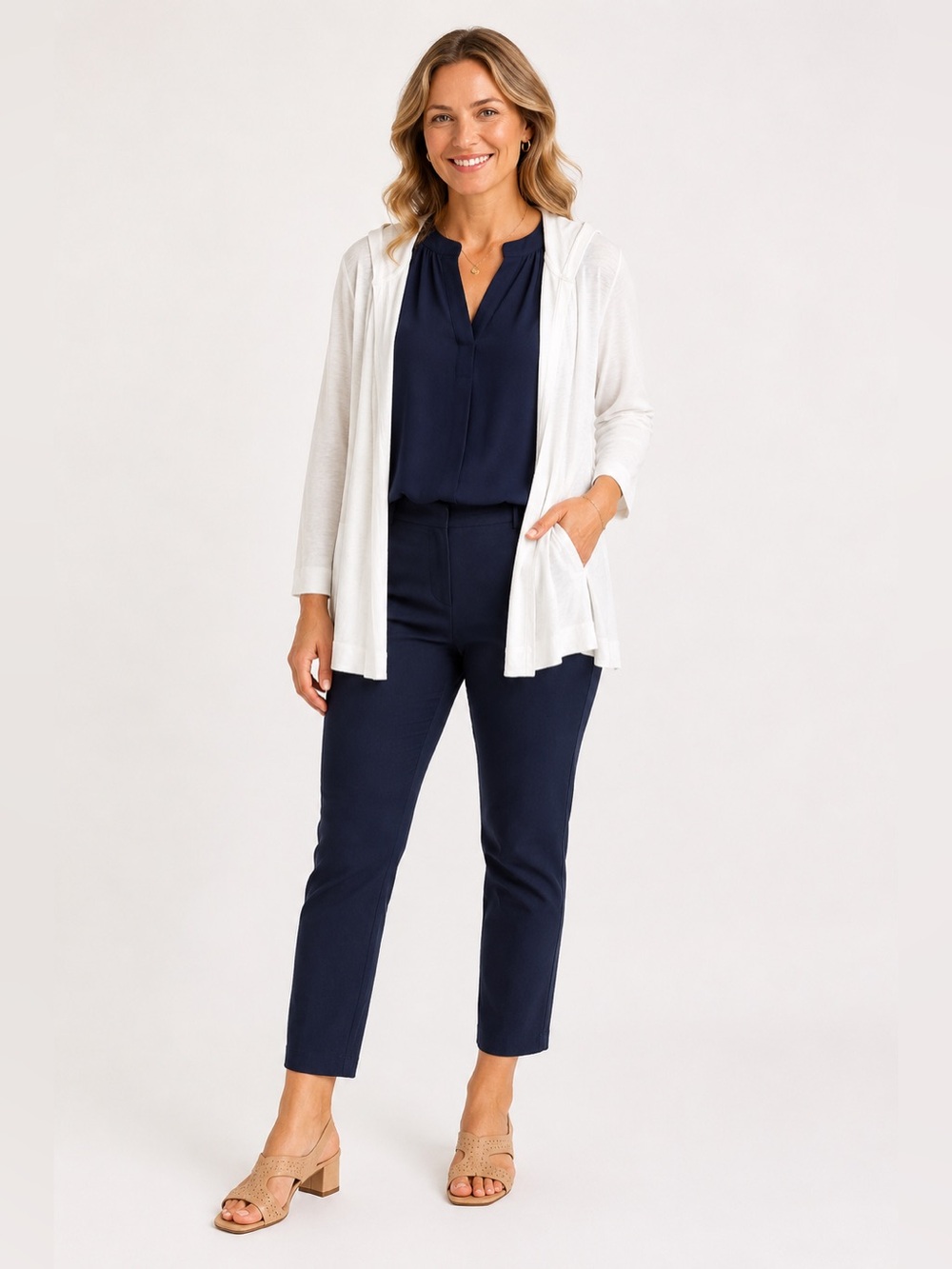 Sigrid Olsen Linen Blend Hooded Open Front Cardigan High/Low White Plus Sz 3X